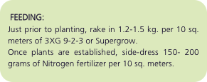   FEEDING:  Just prior to planting, rake in 1.2-1.5 kg. per 10 